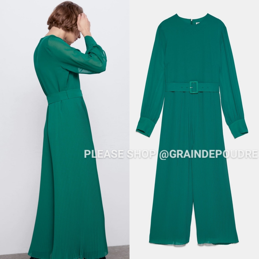 ZARA Kelly Green Pleated Leg Buckle Jumpsuit XS - Picture 3 of 3
